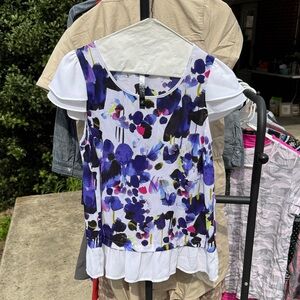 Kensie White Top with Purple & Blue Abstract Floral Print